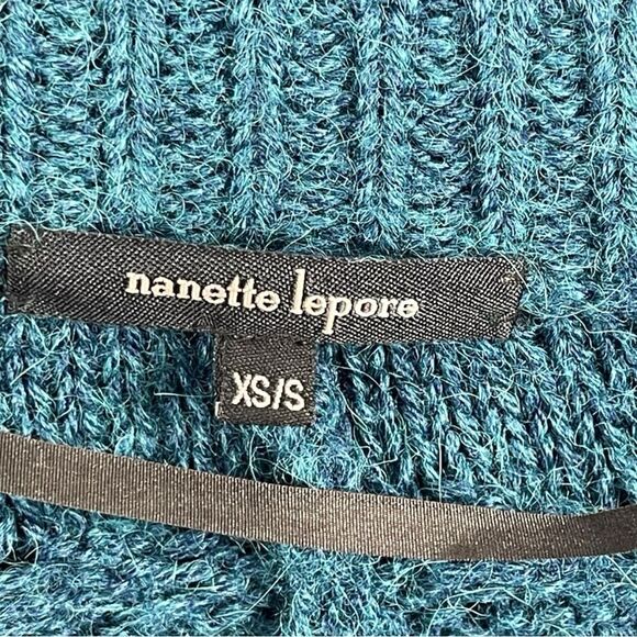 Nanette Lepore Alpaca Wool Blend Blue Fringe oversized Cardigan Sweater Sz XS/S - Picture 4 of 8
